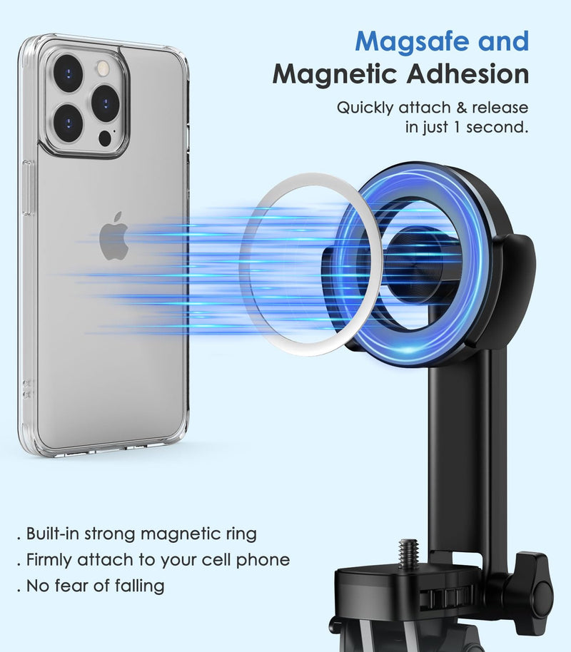 MoKo 68" Magnetic Selfie Stick Compatible with MagSafe, Extendable Rotatable Phone Tripod Stand with Remote for iPhone 15 14 13 12 and All Phones with Metal Ring, Fit for Selfie/Photo/Live/Vlog, Black