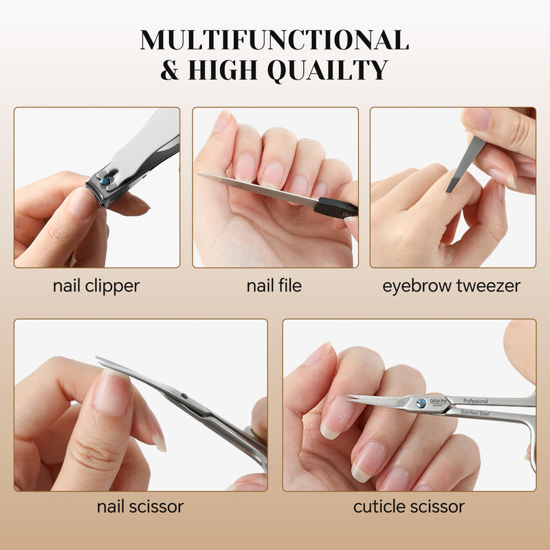 5Stk. Manicure Sets Pedicure Kits Stainless Steel Nail Clipper Personal Care Tools with Full-Grain Leather Case
