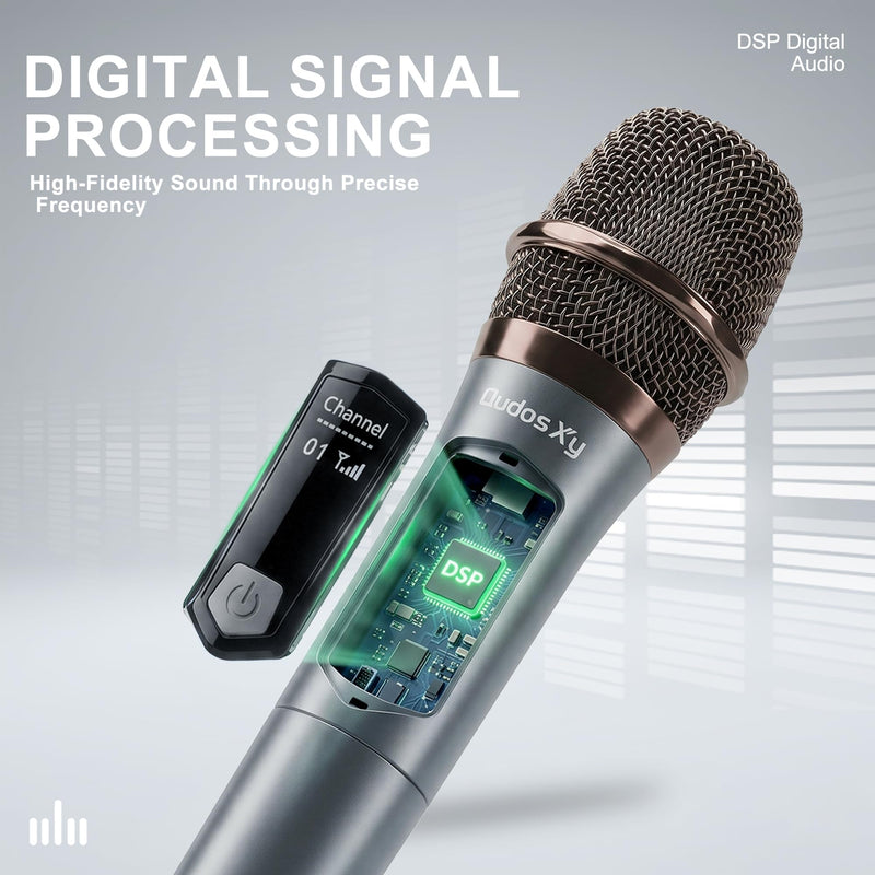 Wireless Microphone, Dual Handheld Dynamic Mics with Rechargeable Receiver, 200ft Range, 12H Duration, Portable Karaokee Microphone for Singing, Speaking & Wedding