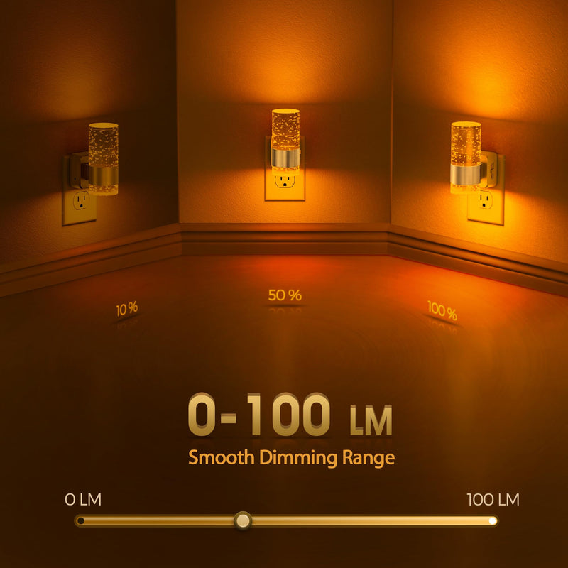 Briignite Night Light, 2 Pack Dimmable Night Lights Plug into Wall, LED Night Light with 0-100 LM Adjustable Brightness, Automatic Night Lights with Dusk to Dawn Sensor, for Bathroom Hallway Sliver Ring-Amber