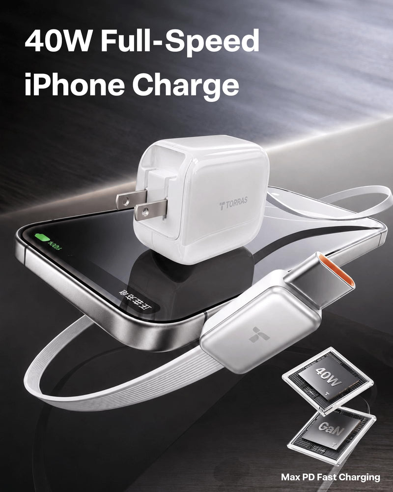 TORRAS FlexLine 40W USB C Charger,Dual-Port GaN Retractable Wall Charger | iPhone17/16/15,iPad,Macbook,Galaxy Compatible,Retractable Cable&Foldable Plug,Fast Charging,GaN,Travel and Desk Use