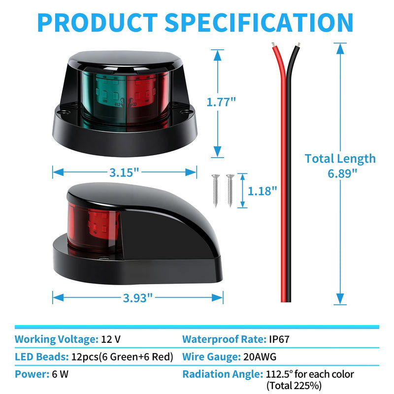 Obcursco Boat Navigation Lights, Red and Green Marine LED Bow Lights, IP67 Waterproof, Rust-Resistant, Ideal for Pontoon, Skiff, Small Boats, and Yacht(Black) Black