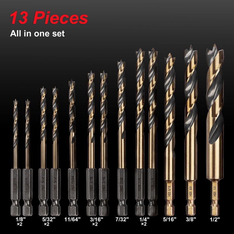 13PCS HSS Brad Point Wood Drill Bits Set for Carpenter Woodworking, 1/4" Hex Shank Black Gold for Hardwood, Plywood, Plastic 1/8"-1/2"