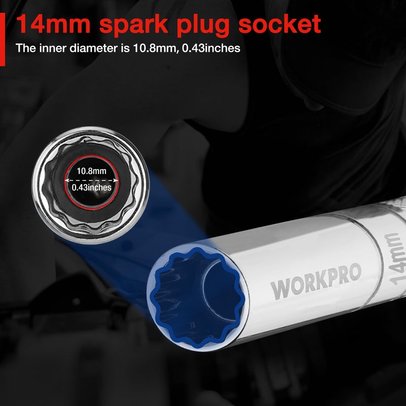 WORKPRO 3PC Magnetic Swivel Spark Plug Socket Set-Includes 14 mm Thin Wall Socket with 6- and 10-inch Extensions, 3/8-inch Drive with 12-Point, Magnetic Core