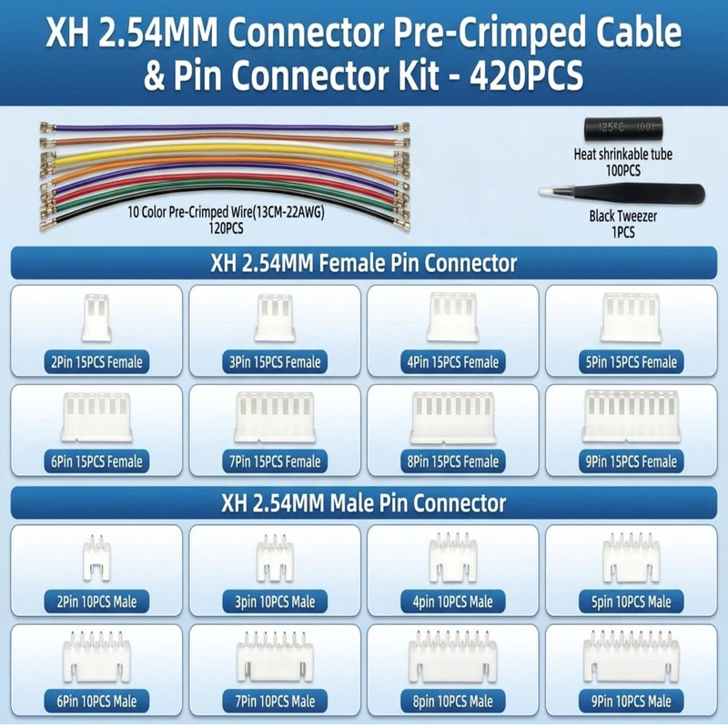 XH 2.54mm Connector Kit | 120 Pre-Crimped Cable Wires | 2/3/4/5/6/7/8/9 Pin Female Housing and Male Socket | JST-XH Compatible | No Crimp Tool Needed 2.54mm-XH