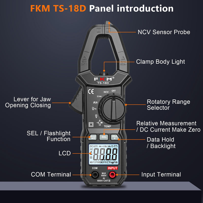 FKM AC/DC 600 Amp Clamp Meter Multimeter Tester TRMS 6000 Counts Auto-ranging Smart Digital Voltage Tester,for AC/DC Current/Voltage,NCV Detection,Capacitance,Resistance,Ohm,Continuity,Diode,Hz,Temp Black-(AC/DC Current)Clamp Meter