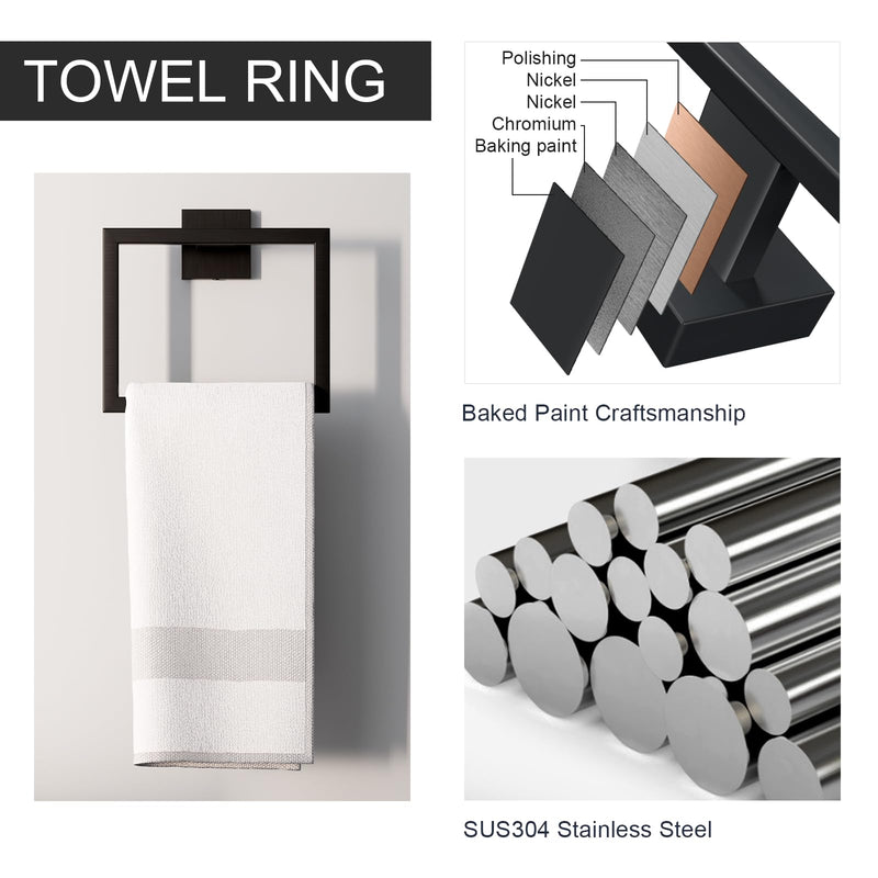HAWKROWN 5-Piece Matte Black Bathroom Accessories Set, SUS304 Stainless Steel Wall Mounted 14.2 Inch Hand Towel Bar, Toilet Paper Holder, Towel Ring, Towel Hooks, Bathroom Hardware Set, Towel Bar Set 5 Piece-14.2 inch