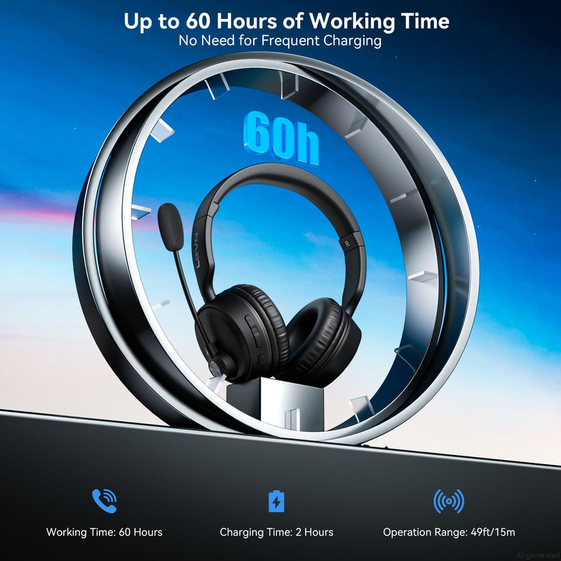 Bluetooth Headset with Microphone, 60 Hrs Bluetooth Headphones with Mic, Wireless Headset with Mic for Work/Meetings/Office/iPhone/Phone Calls/Call Center/Computer/PC/Teams/Zoom/Podcast/Skype/WebEx Black