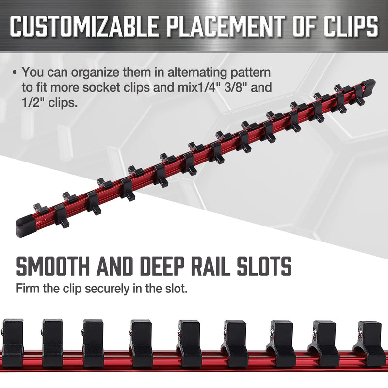 ALOANES 1/2-Inch Drive Aluminum Alloy Socket Organizer, Heavy Duty Socket Racks, Socket Holder Kit 1/2-Inch x 16 Clips (Red) Red
