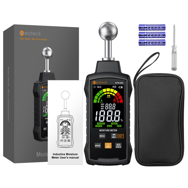 Neoteck Moisture Meter with REF Comparison, ±2.5% Accuracy Pinless Non-Destructive Moisture Detector with 5-40mm Measuring Depth,3-Color Warning Display,5 Modes for Wood Concrete Cement Plaster