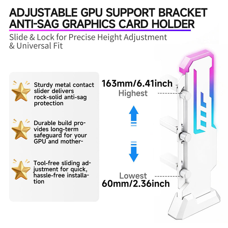 GPU Support Bracket, GSCOLER Universal Graphics Card Support, 60-163mm Adjustable Anti Sag GPU Stand for Universal Video Cards, 16.8M RGB Modes GPU Brace with Magnet & Non-Slip Base for Heavy-Duty GPU