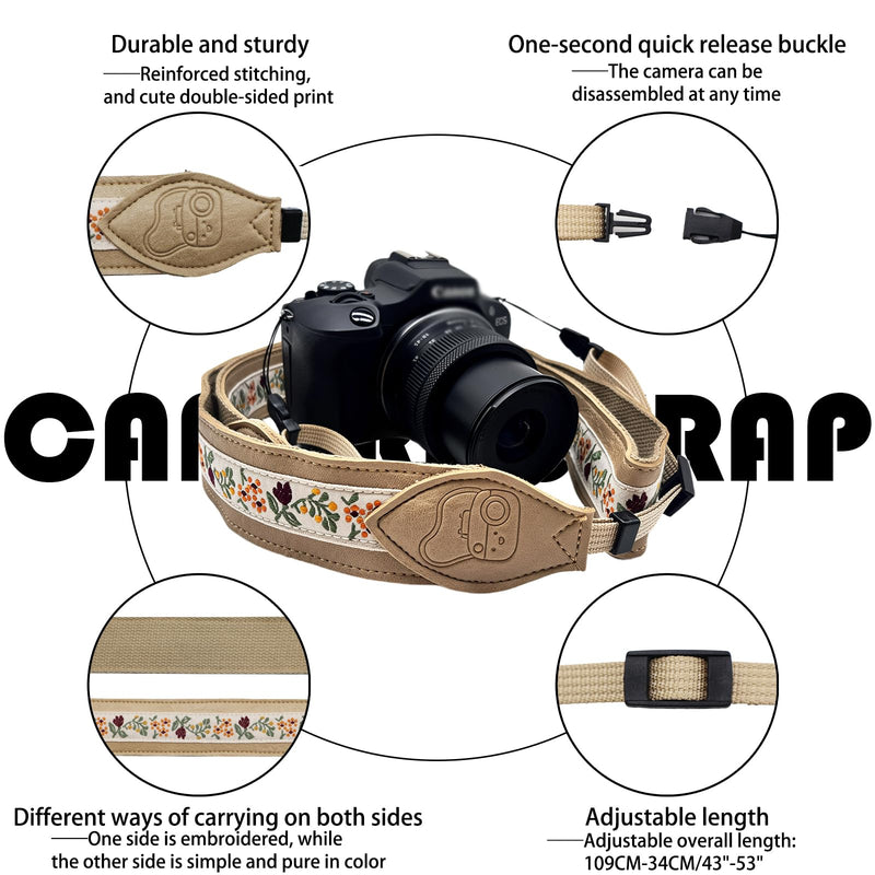 Retro Embroidery Camera Strap - Leather Camera Neck Strap for Canon,Nikon, Adjustable Shoulder Straps for All Cameras Khaki Embroidery Camera Strap-05
