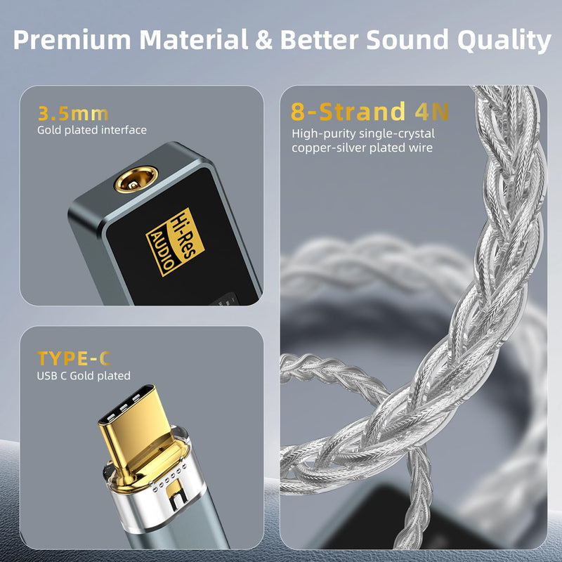 USB C to 3.5mm Audio Adapter Equipped with Dual DAC Chip CX31993&SGM8262, Audio Dongle with HiFi Amplifier, USB C to 3.5mm Headphone Aux Converter & USB A Adapter for Android iPhone iPad PC Mac Grey