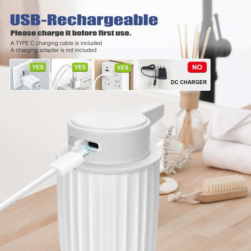 Automatic Soap Dispenser Liquid Touchless: 9oz Plastic White - Rechargeable Electric Smart 3-Level Adjustable Modern Auto Soap Dispenser - Bathroom Kitchen Hand Dish Lotion White Liquid