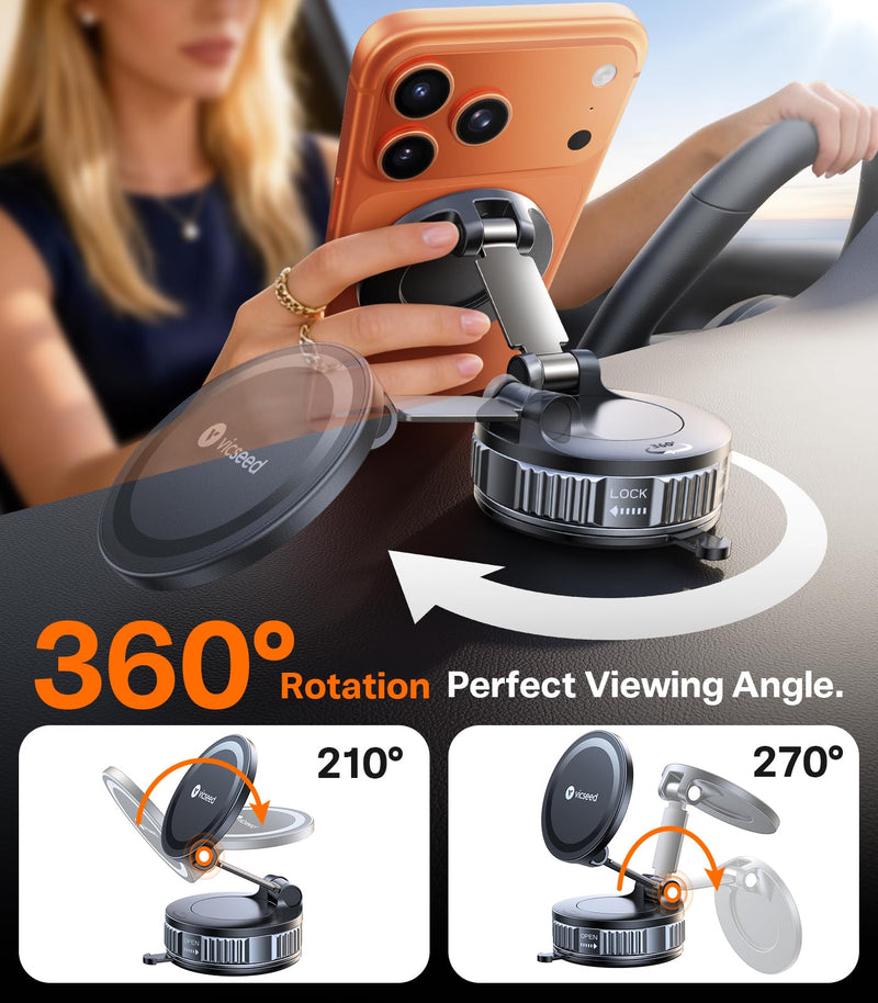 VICSEED Ultimate for Magsafe Car Mount [98+LBS Strongest Suction] 360° Vacuum Magnetic Phone Holders for Your Car Metal Arm Foldable Cellphone Mount for iPhone 17 16 15 14 13 12 Pro Max Air Android Light-Grey