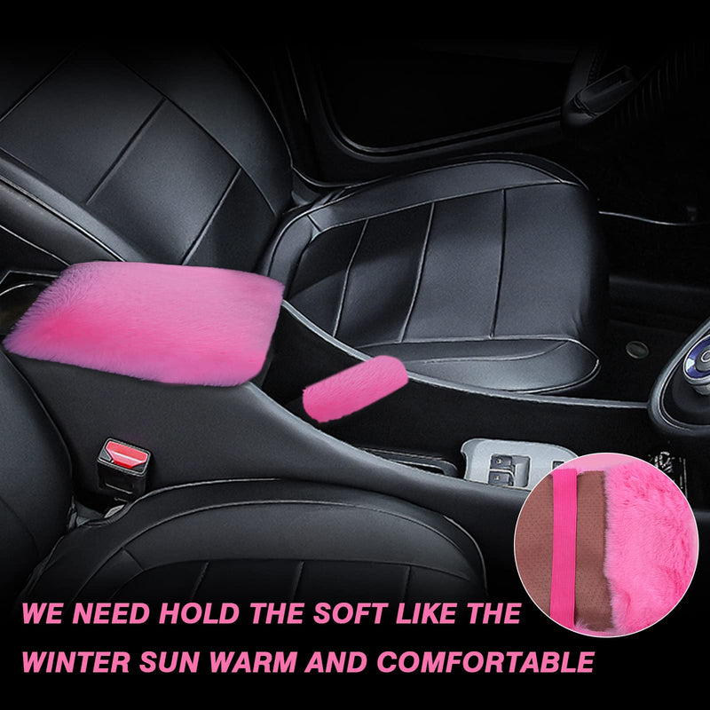 7PCS Set car Interior Aesthetic Accessories, Fluffy 15 inch Steering Wheel Cover, armrest pad, seat Belt Cover,Gear Shift Cover, Fit Girly car Accessories for Women. Pink