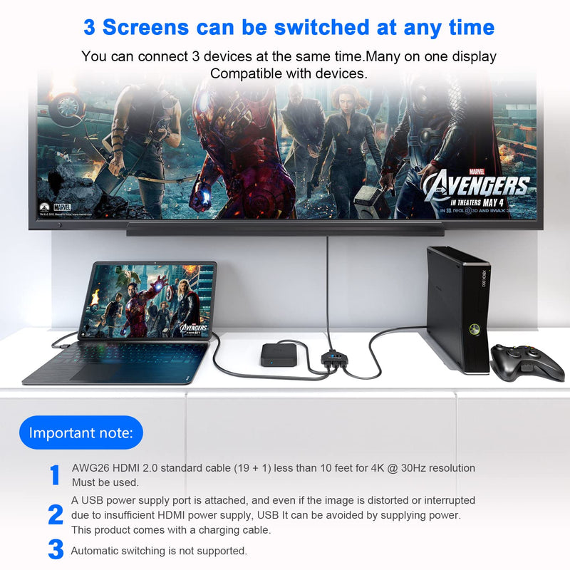 HDMI Switch 3 in 1 Out-HDCP 2.2, 4K@60hz 3 Way hdmi Splitter Supports Full 1080P 3D Compatible with Roku Fire TV Stick HDTV PS4/PS5 Xbox One Chromecast, Compatible with Mac/Win/Linux