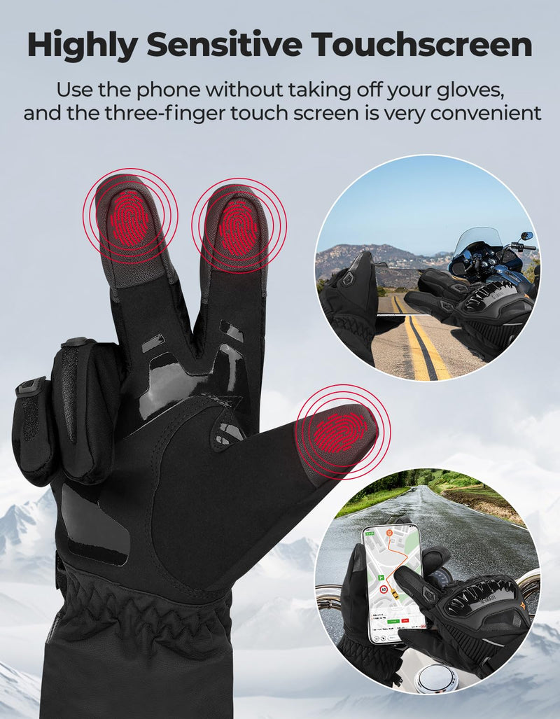 KEMIMOTO Winter Motorcycle Gloves, Rainproof Riding Gloves with Touchscreen, Motorcycle Winter Gloves for Men, Warm Motorcycle Gloves for Riding, ATV, UTV, Snowmobile Black Large