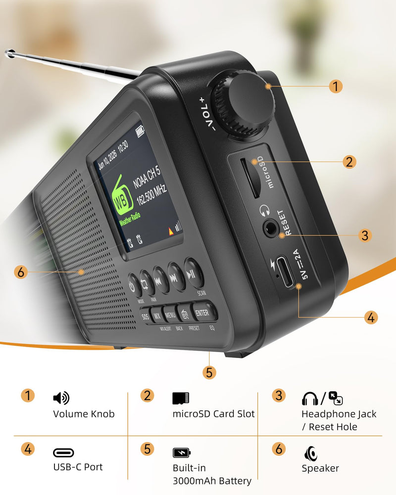Mesqool FM Radio, Portable Radio with Bluetooth & NOAA Weather Alert | Auto Scan, 40 Presets, 8W Sound, 2.4" Color Display, USB-C Charging, microSD Playback, Dual Alarms, Sleep Timer, 6 EQ Modes Black