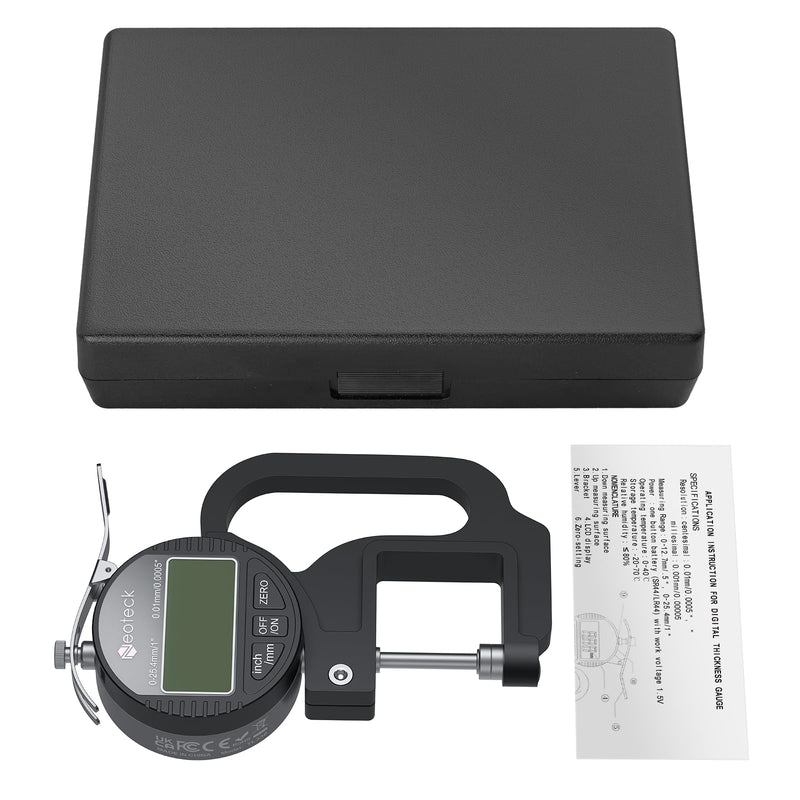 Neoteck Digital Thickness Gauge 1inch/25.4mm,0.0005inch/0.01mm LCD Display with Inch/MM Conversion One-Hand Quick Press Thickness Measuring Tool for Leather Paper Fabric Film etc.-Silver-Black 0-1"/0.0005" Silver-black