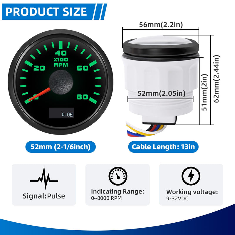 MH Tachometer 2-1/6" 52mm 8000 Tach Boat RPM Gauge 7 Color Waterproof for AUTO Car Truck Marine（Black）