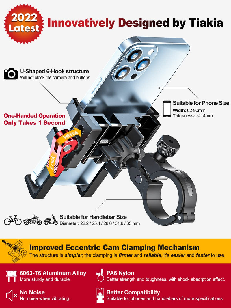 Tiakia Bike Phone Mount Holder, Aluminum Motorcycle Phone Mount, Handlebar Mounted Cell Phone Holder for Bike, 360° Rotation, Universal Bicycle Phone Mount for 4.5-7 Inch Phones Black Red