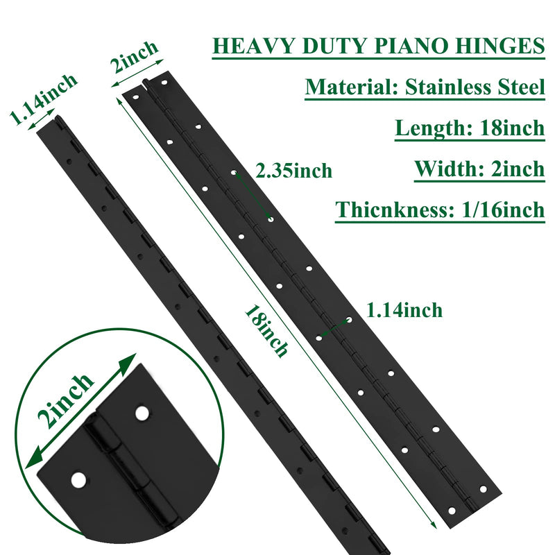 2Pack Heavy Duty Piano Hinge, 2" Open Width x 18" Continuous & Piano Hinges, 0.06” Thick Stainless Steel Piano Hinge with Holes, Black Stainless Furniture Hinges for Cabinet Door Cases Woodworking 18INCH