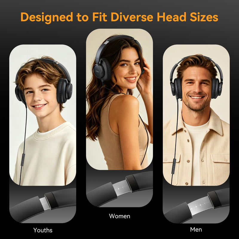 KVIDIO Wired Headphones with Microphone, Over Ear Lightweight Foldable 3.5mm Plug in Corded Headphones Wired with Volume Control, 4.9ft Tangle-Free Cord for Tablet Laptop MP3/4 School Travel Black