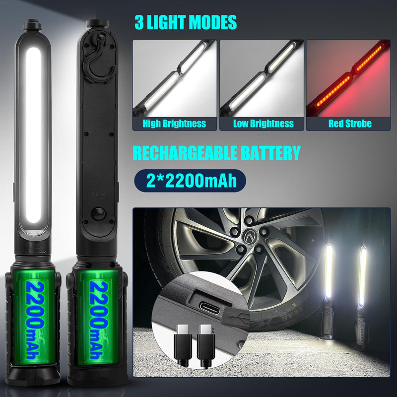 SYLSTAR Mechanic Work Light Bar with Upgraded Sensor Control - 2400LM LED, 4400mAh Rechargeable Underhood Work Light with Hooks & Magnetic Base for Car Repairing, Garage Workshop, Emergency(Black) Black