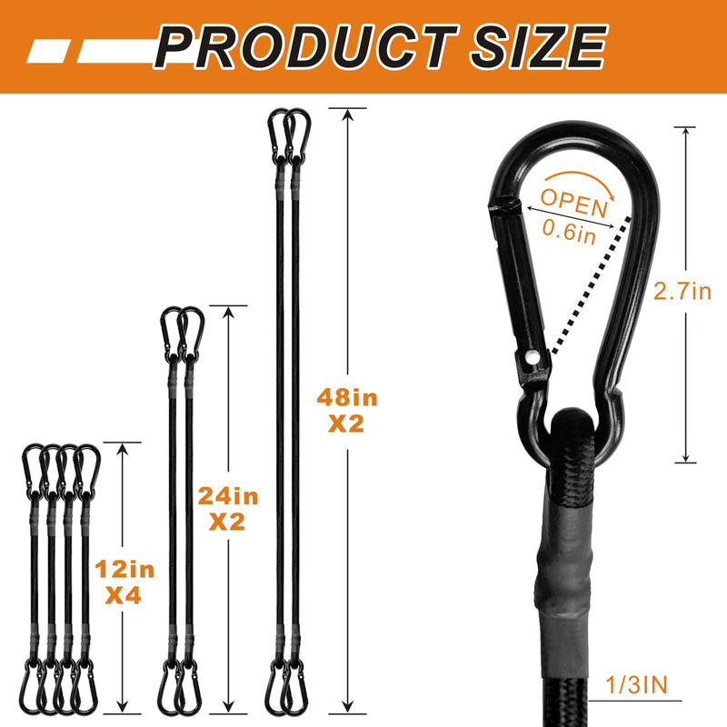 Bungee Cords with Carabiner Hooks Heavy Duty, Outdoor Black Bungee Straps, Strong Industrial Grade Elastic Bungee Rope for Securing Tarps, Luggage, Tents，Bikes, 12in + 24in + 48in，8pcs