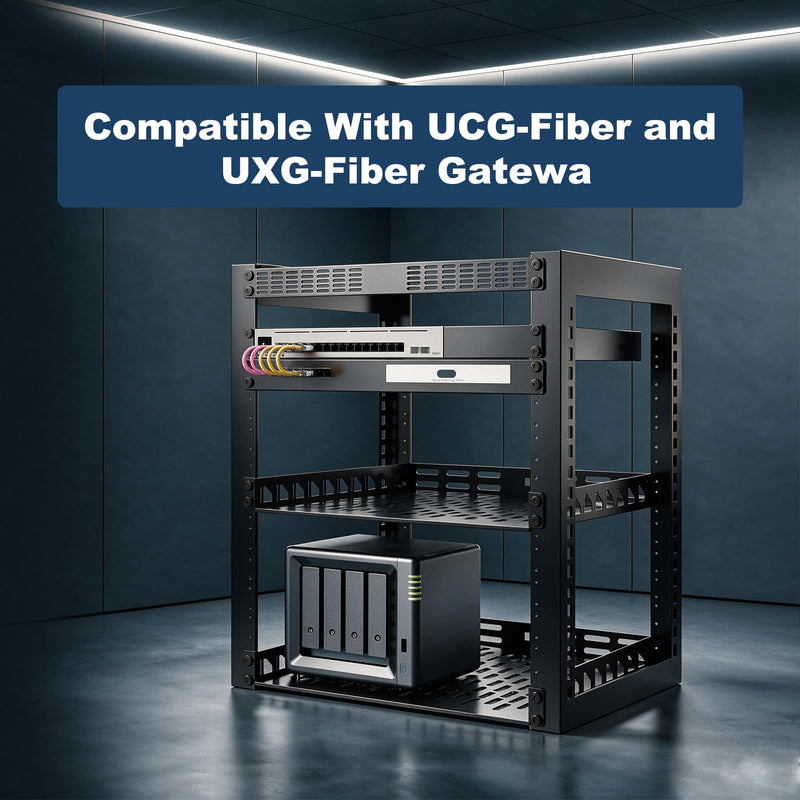 19in 1U Metal Rack Mount for Ubiquiti UCG-Fiber & UXG-Fiber Gateway- Hinged Rack Tray with 7 rj45 Keystone Jack cat6, Power Bay