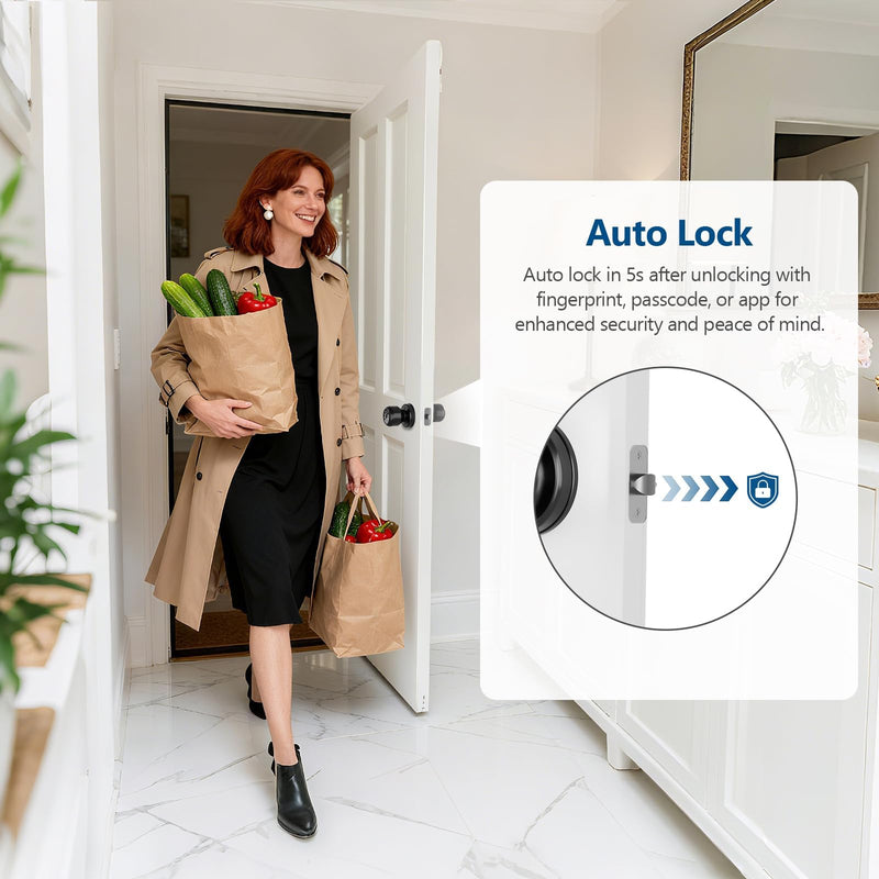 Smart Fingerprint Door Lock, 4 in 1 Smart Fingerprint Door Knob with Keypad, App Control, Auto Lock, Biometric Door Knob with Lock for Bedroom, Apartment, Garage, Home & Office Elegant Black