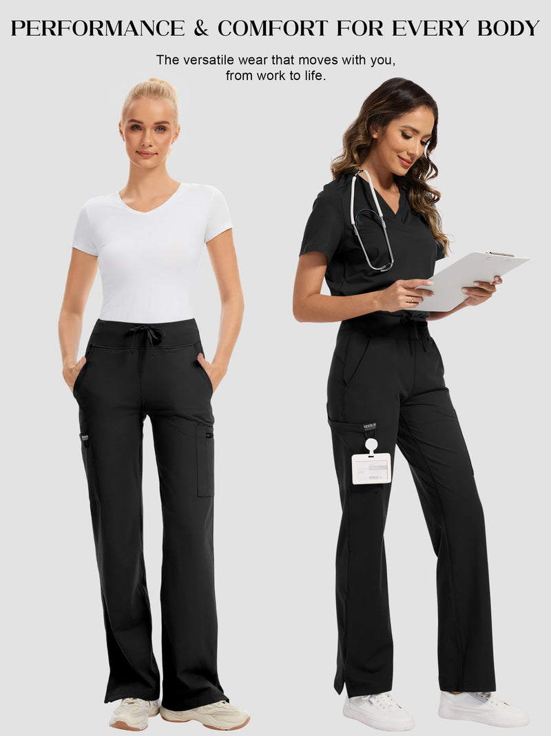Yoga Scrub Pants Women High-Rise Straight Leg Uniform Cargo Bottom with Yoga Waistband,5 Pockets & 4-Way Stretch Regular Medium Black