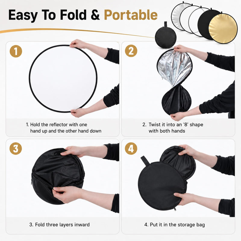 24Inch/60CM 5 in 1 Light Reflector with Bag | Portable Light Diffuser Photography Reflector for Studio Outdoor Photography Translucent, Silver, Gold, White, Black