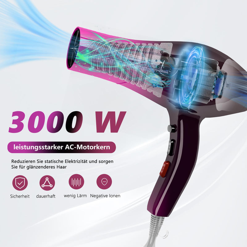 Hair Dryer, 3000W Professional Ionic Hairdryers with Diffuser for Women Men Kids, Powerful Blow Dryer with 3 Heat 2 Speed and Cool Button for Home Salon Use Red Gradient