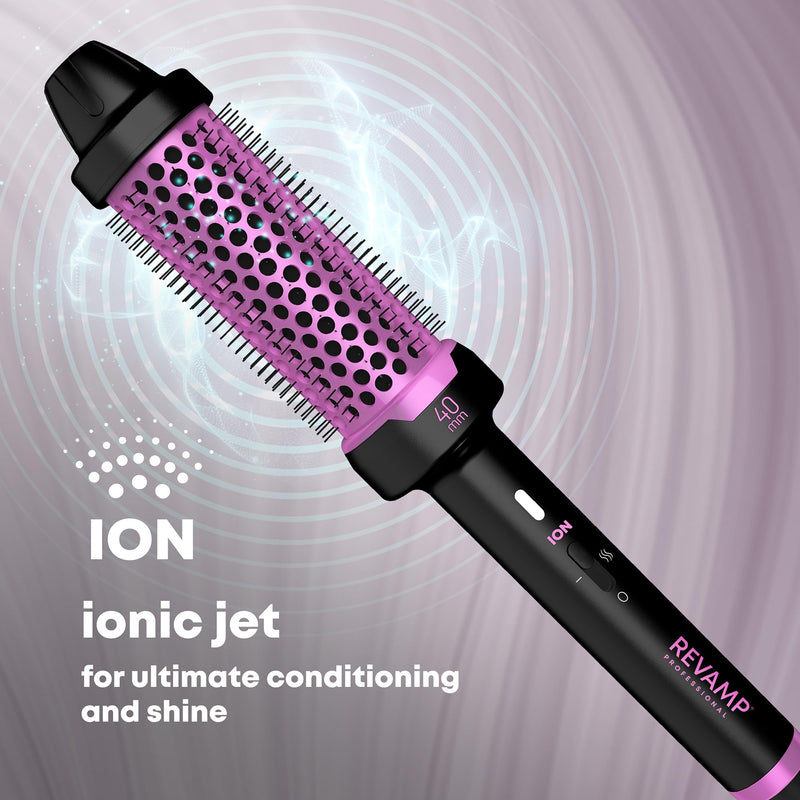 REVAMP Ceramic Hot Brush Styler - Ionic, Fast Heat, Pink Edition, 40 mm | Round Barrel Heated Curling Brush, Volumising, Thermal Styling, Blowout, Waves & Bouncy Curls