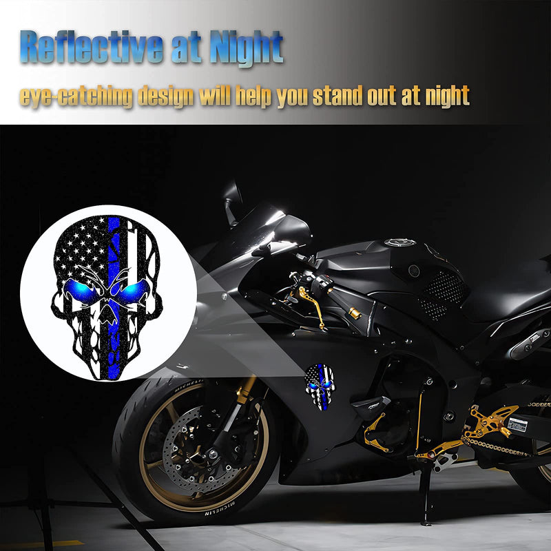 2 Pack Car Decals Stickers Skull Reflective US Flag with Thin Blue Line, Honoring Police Law Enforcement Vinyl Stickers Van Trucks Women Men Motorcycle Laptop Decals Skateboard Bike Bumper Window Thin Bule Skull