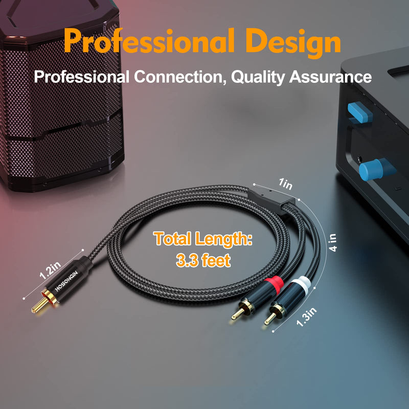 HOSONGIN RCA Y Splitter Cable, 3.3Ft, 2Pack, 1 Male to 2 Male Audio Cable, Gold-Plated, Noise-Free Durable Braided Design RCA Adapter for Subwoofers, Amplifiers, TVs, Home Theater, Hi-Fi Systems 3.3FT-2Pack