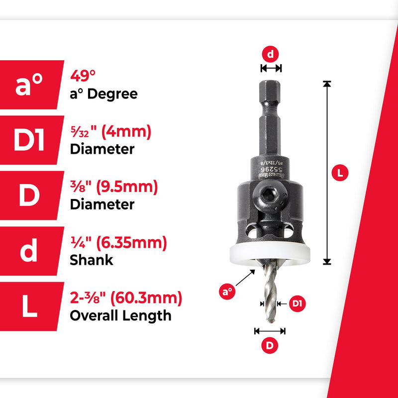 Amana Tool 82 Degree Countersink with Adjustable Low Friction Drill Bit Depth Stop, 55296, 3/8 D x 5/32 Drill D x 1/4 Inch Quick Release Hex Shank