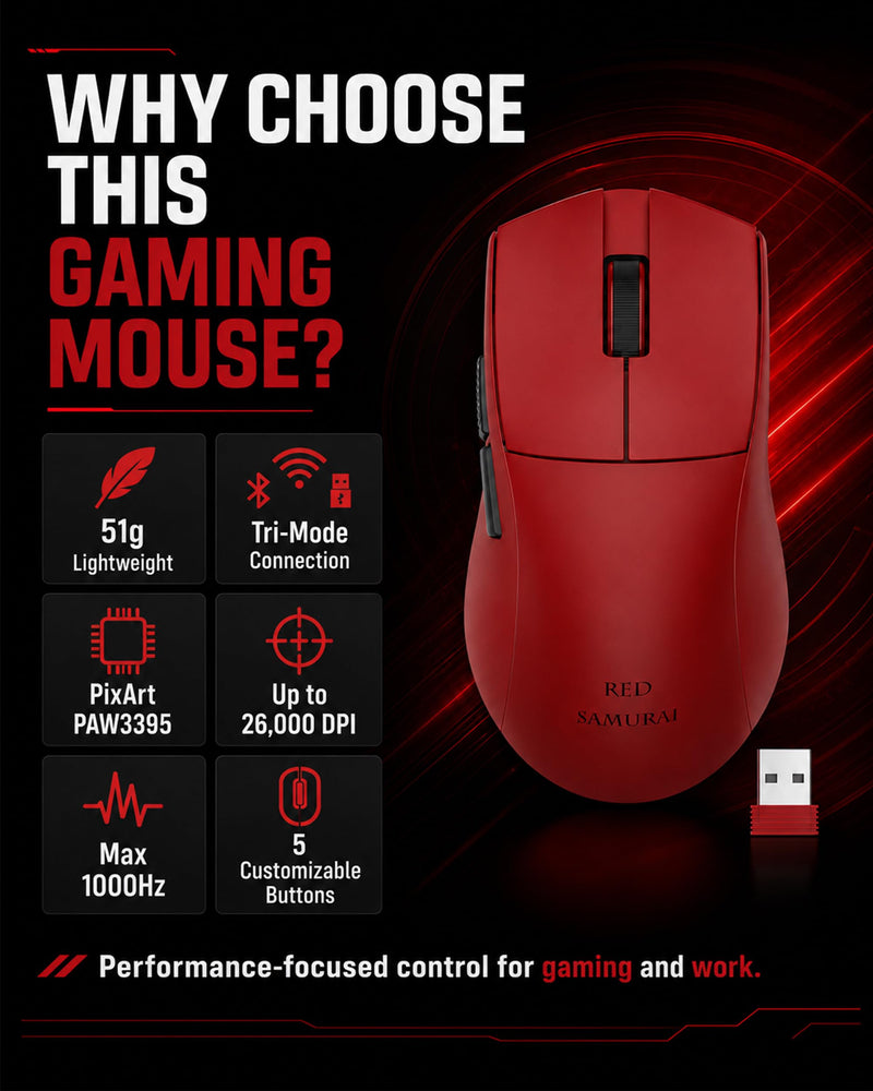 RED SAMURAI Wireless Gaming Mouse, 51g Ultra-Light, Tri-Mode,Red | Ultra-lightweight 51g body, Tri-mode BT/2.4G/USB-C wired, 26K DPI precision optical sensor, 1000Hz polling rate Red