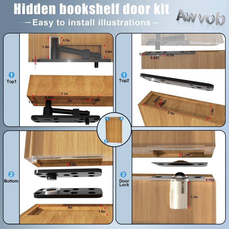 Hidden Door Hinge with Dual Bearing Design - Rotating Silent Invisible Door Hinge Kit for Heavy Duty Secret Door, Perfect for DIY Carpenters & Door Bookcase 580lbs Load-Bearing Double Bearing Hinges Black