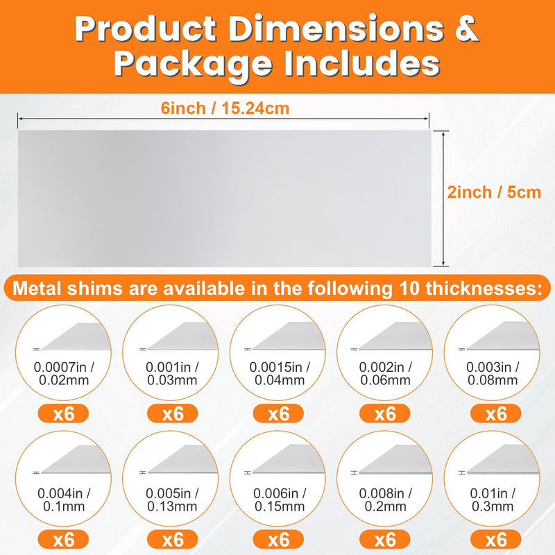 60 PCS Shim Stock Assortment, 2" W x 6" L Metal Shims for Leveling, Thin Metal Shims Stock 304 Stainless Steel, Metal Strips 10 Thickness 0.0007 to 0.01 Inch 2"W x 6"L-60 PCS Silver