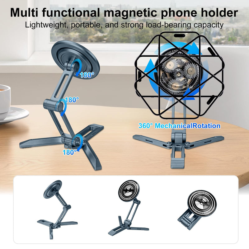 Magnetic Magsafe Mini Foldable Small Phone Tripod Stand Holder for iPhone | All-Metal, 360° Mechanical Rotating Suction Cup, Portable Pocket Desk Office Travel Selfie Stick, Mobile Holder for Android Deep Navy Blue