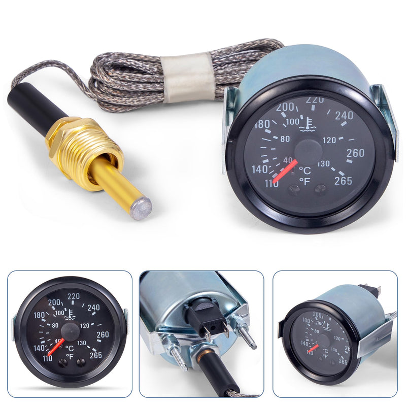 2" 52mm 12V Pointer Mechanical Water Temperature Temp Gauge （40-130℃,110-265℉ with 1.8m Wire Length,Yellow Light Car Meter with Sensor NPT 1/2