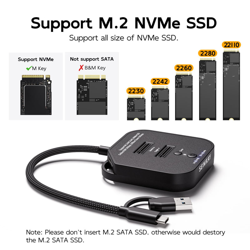 Dual Bay NVMe Cloner Duplicator with C to C-A Cable, USB-C 3.2 GEN2 16Gbps Offline Clone, M.2 PCIe NVMe SSD Reader Docking Station Adapter, Tool-Free, 5V 3A Power