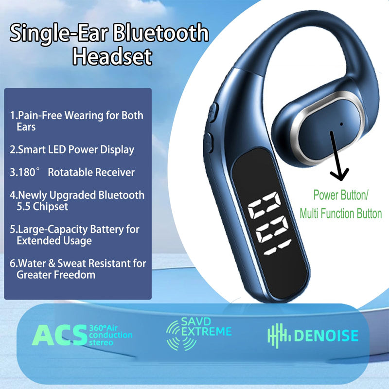 Single Ear Wireless Bluetooth Headset, Bluetooth 5.5, LED Power Display, ENC Noise Cancellation, 360° ACS Sound, Sweatproof, for Phone Tablet Laptop - F62, Blue Single Ear Headphone F62 Blue