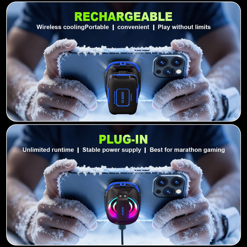 Cell Phone Cooler for Gaming, Magnetic Portable Radiator with RGB Lights, 3000mAh Rechargeable Battery, Compatible with iPhone, iPad, Android Black, Blue