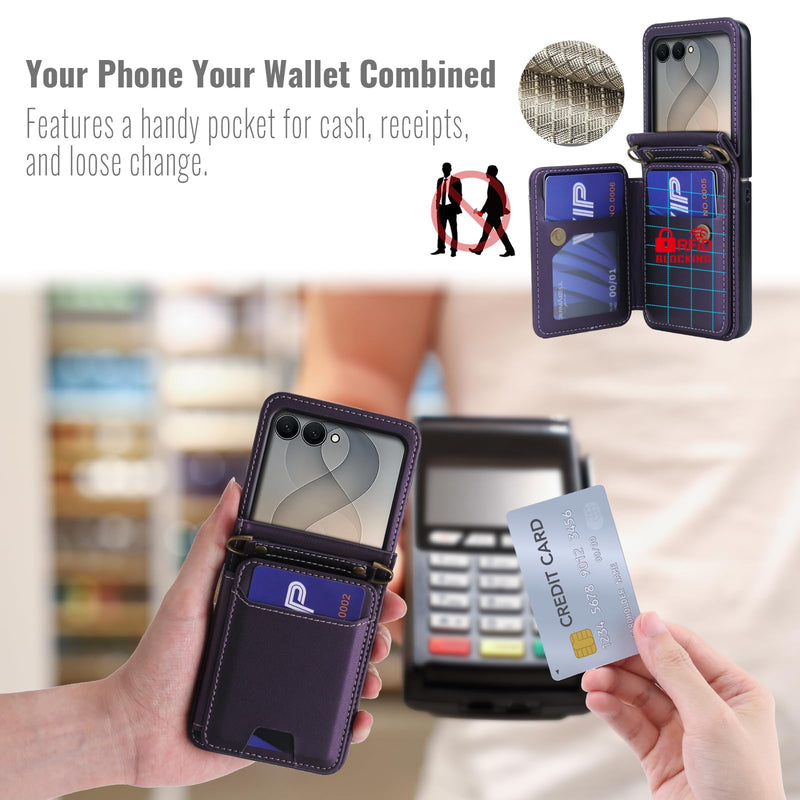 for Samsung Galaxy Z Flip 8 PU Leather Wallet Phone Case with Card Slots (Holds 5 Cards), Anti-Drop Protection, Wrist & Shoulder Strap Purple Galaxy Z Flip 8 5G