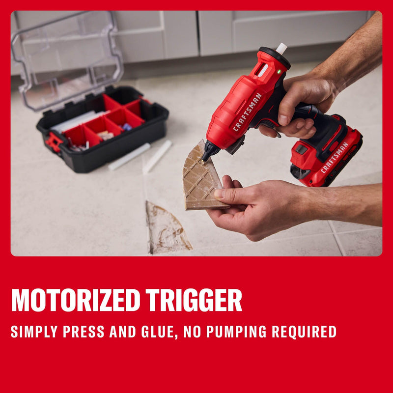 CRAFTSMAN V20 Hot Glue Gun Full Size, Cordless Glue Gun and Sticks Set with LED Light, Interchangeable Nozzles and Wrench, Retractable Dip Tray, Fast Preheat, Long Runtime, Tool Only (CMGL200B)