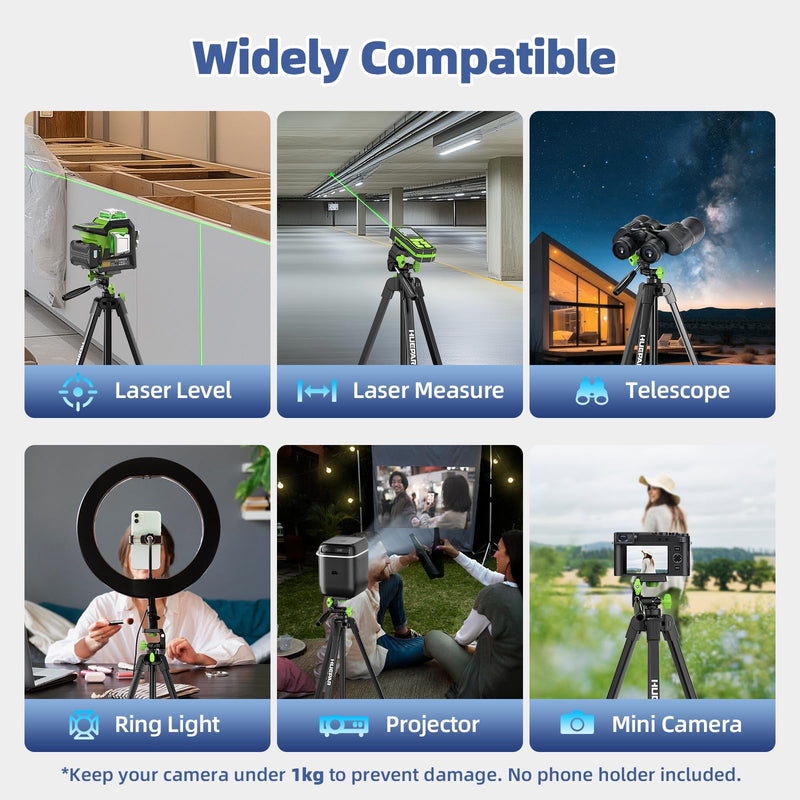 Huepar 60-Inch Lightweight Tripod Portable Adjustable Tripod for Laser Level with 3-Way Swivel Pan Head, 2 Bubble Levels, 1/4" and 5/8" Thread Mount for Varieties Tools, Only for Indoor Basic Work